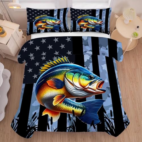 Camouflage Fisherman Comforter Set Twin Size Bedding Set for Men Boys Teens Grey Fishing Lover Bedroom Farmhouse American Flag Bed Set Wild Quilted,1