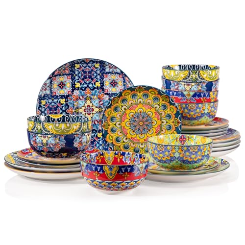 Sweejar Ceramic Dinnerware Sets for 8,24 Pieces Boho Plates and Bowls for Kitchen,Housewaring Gift,Bohemian Style Dish Set,Dishwasher and Microwave Sa