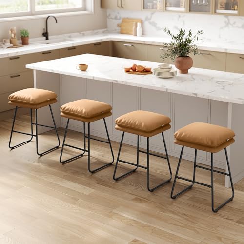 VASAGLE Bar Stools Set of 4, Counter Height Bar Stools, Leather Counter Stools Barstools with Soft Cushion and Metal Sled Legs, 25.6 Inches Bar Height