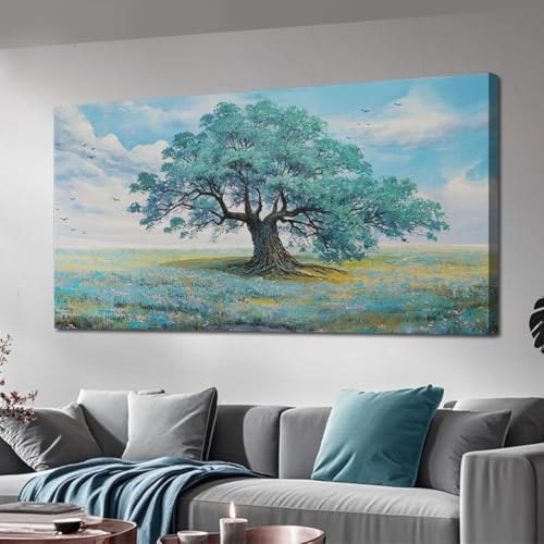 Ardemy Landscape Canvas Wall Art for Living Room Large Teal Tree Scenery Painting Bedroom Nature Picture Artwork Framed Wall Decor Dining Room Kitchen