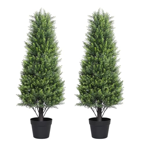 Artificial Cedar Topiary Trees Set of 2, 36'' UV Resistant Faux Cypress Pine Plants Outdoor, 3ft Large Realistic Faux Evergreen Cone Bushes & Shrubs f