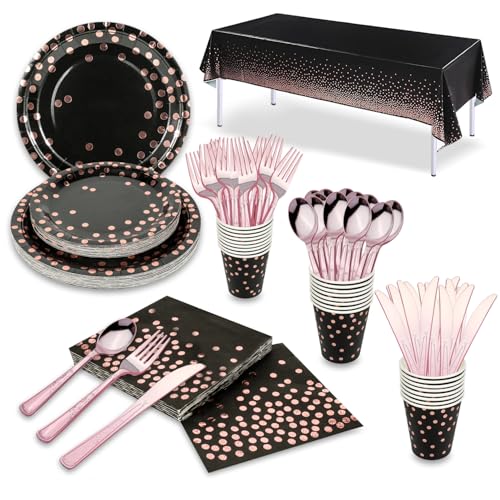 176 Pieces Gold Disposable Party Dinnerware Set &Golden Dot Disposable Party Dinnerware - Black Paper Plates Napkins Cups, Gold Plastic Forks Knives S