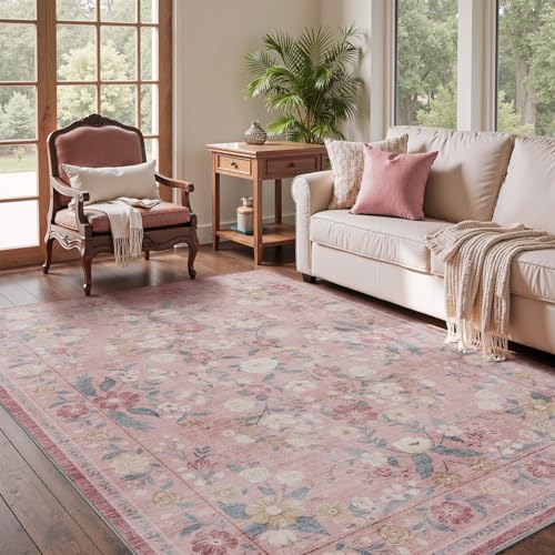 AMOAMI Vintage Floral 5x7 Area Rugs for Living Room Rug, Machine Washable Rug Non Slip Large Area Rug for Bedroom Indoor Low Pile Carpet Ultra Soft Bo