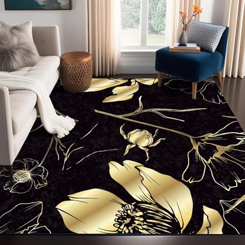 5' x 7' Flower Rug Gold Floral Area Rugs Washable for Living Room Bedroom Dorm Dining Room Carpet for Women Girls Luxury Floor Mat Pad Flower 01 5' x