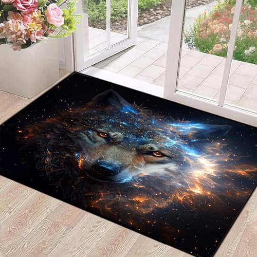 Galaxy Wolf Rug Fierce Animal Area Rugs Washable Funny Non Slip for Kids Bedroom Living Room Throw Rugs Carpet Durable Floor Mats Door Pad Home Decor