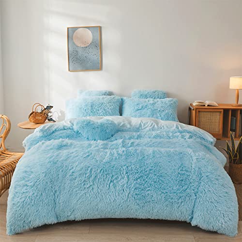 Fluffy Blue Comforter Cover Set Queen - Ultra Soft Plush Blue Bedding Sets 3 Pieces (1 Faux Fur Duvet Cover + 2 Faux Fur Pillow case) Bed Set Queen Bl