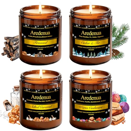 Winter Candles Set | 4 Pack Holiday Scented Candles - Cozy Winter Soy Candle Scents of Warm Cashmere-Firewood-Cedar & Fir-Salted Caramel - Christmas C