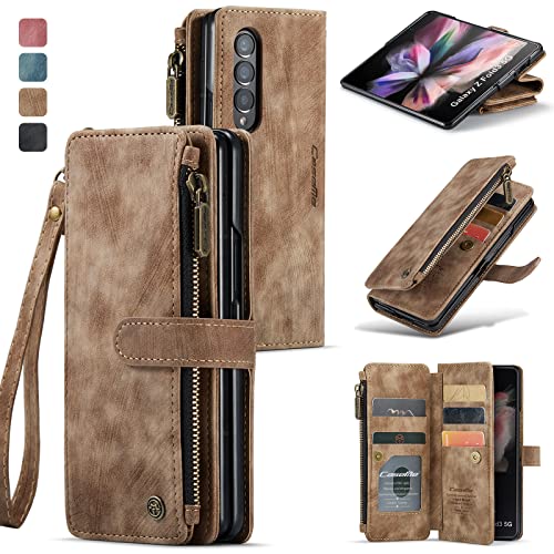 for Samsung Galaxy Z Fold 4 Wallet Case with 5 Card Holder Slots Magnetic Zipper Pocket Pouch Flip KicStand Durable Premium Leather PU with Lanyard St