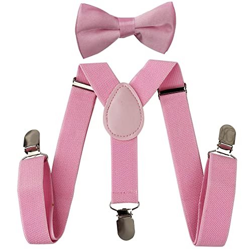 SEVENHEAD Child Kids Suspenders Bowtie Set Adjustable Elastic Y-Back Design with Strong Metal Clips for Boys and Girls Pink