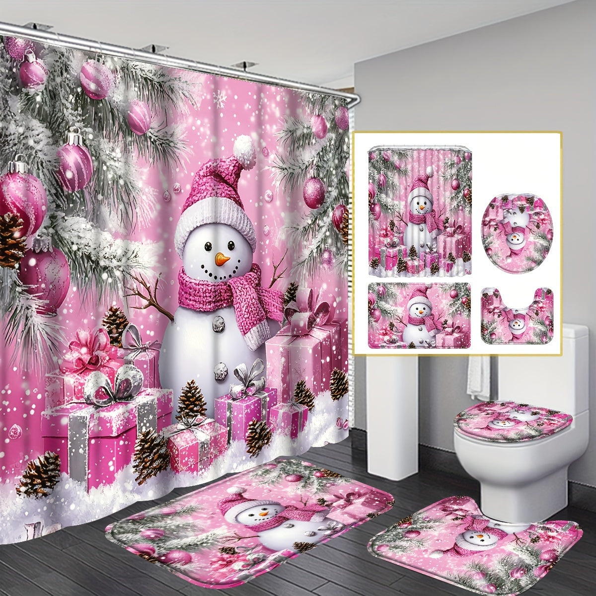 TEMU 4pcs Christmas Snowman Family Shower Curtain Set, Waterproof Christmas Curtain Set With Non-slip Rugs, Toilet Mat, Toilet Seat Cover, Machine