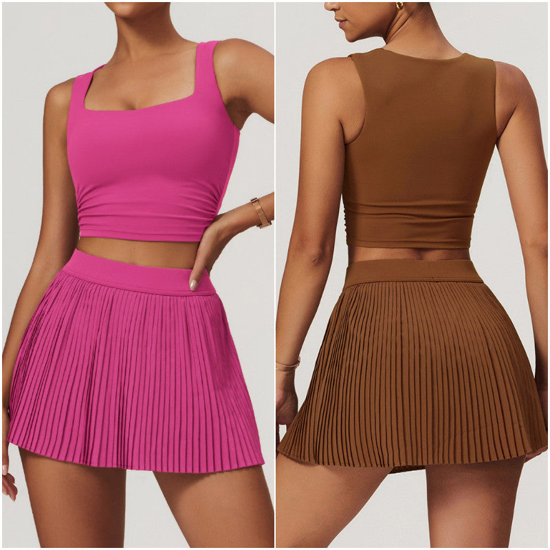 8782 Womens Outfit Yoga Sets Skirts Vest Tennis Sport Running Skirt Elastic High Waist Sportwear Lined Breathable U Collar With Pad Free shipping