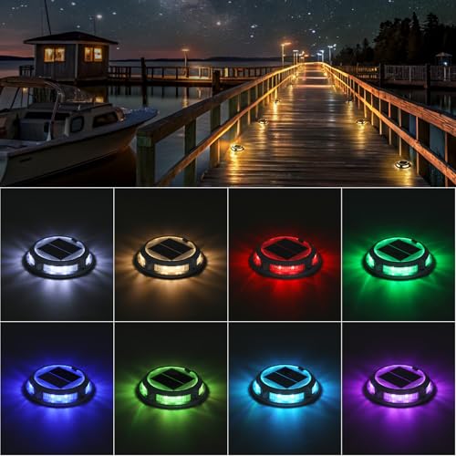 Solar Driveway Lights Outdoor 12 Pack, RGB Colors Solar Deck Lights Outdoor Waterproof IP68, Solar Dock Lights Driveway Marker for Warning Stair, Boat