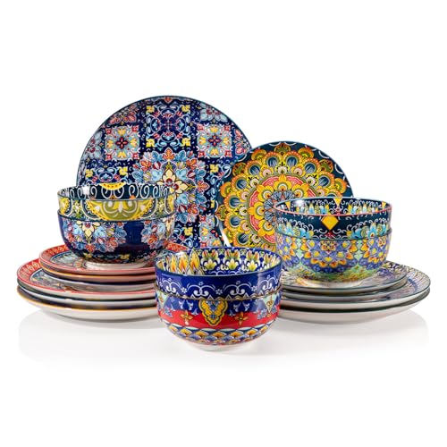 Sweejar Ceramic Dinnerware Sets for 6,18 Pieces Boho Plates and Bowls for Kitchen,Housewaring Gift,Bohemian Style Dish Set,Dishwasher and Microwave Sa