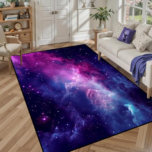 5' X 7' Purple Galaxy Rug Space Rugs Colorful Throw Rug Non-Slip Sun and Cloud Carpet Doormats for Living Room Bedroom Apartment Dorm Floor Mat Galaxy