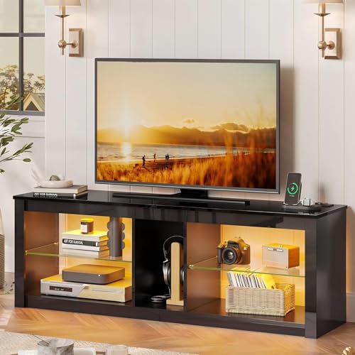 Bestier LED TV Stand for 55-60-65 Inch TV, Black High Gloss Entertainment Center with Power Outlet & Adjustable Shelves, Modern Gaming TV Console with