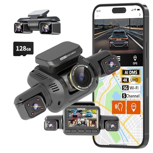 360° View 5 Channel Dash Cam Front and Rear with AI Driver Monitor System DMS, 4K Dash Camera for Cars, Built-in GPS WiFi Night Vision, Dashcam with