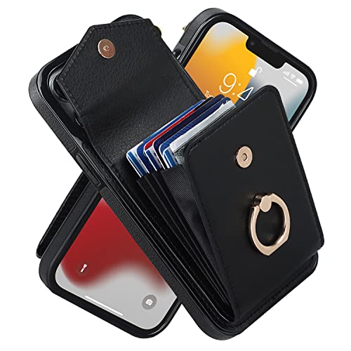 Phone Case for iPhone 14 Pro, High-end Stylish Leather Accordion Card Holder,Wallet Phone Case, Anti-Drop Lanyard, Multi-Functional Ring Stand Case, P