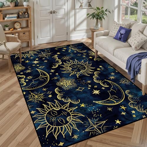 5' x 7' Star Rug Celestial Area Rugs for Girls Boys Women Bedroom Dorm Living Room Boho Sun and Moon Galaxy Floor Mat Pad Doormat Carpet Decor Sun Moo