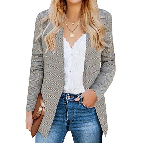 luvamia Women's Casual Long Sleeve Lapel Button Slim Work Office Blazer Jacket Medium C Tartan Plaid Brown - Mustard
