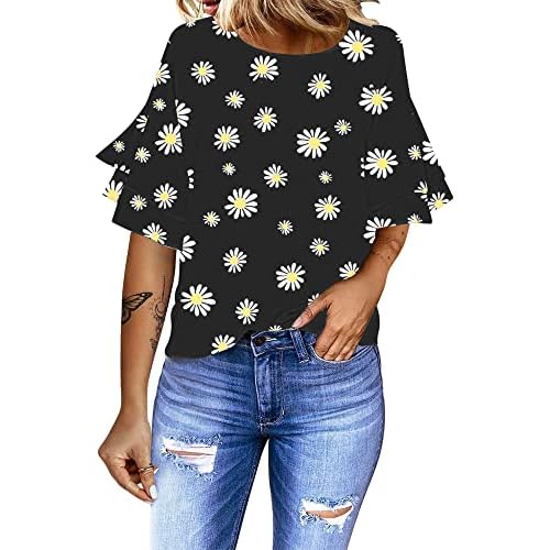 luvamia Women's Casual 3-4 Tiered Bell Sleeve Crewneck Loose Tops Blouses Shirt XX-Large A2 Daisy Floral Black