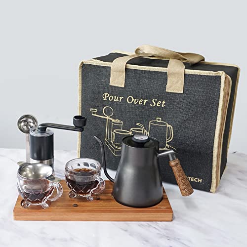 SOTECH Portable Coffee Maker Set Tea Set And Tray; Manual Grinder; Stainless Steel Scoop & 2 Glass Cups and Wooden Tray