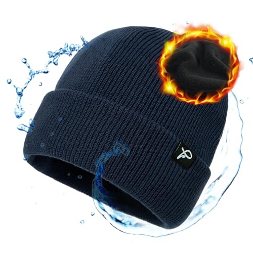 TOP-EX Dryknit™ Waterproof Oversized XL XXL Fleece Lined Winter Warm Beanies Hat for Men XX-Large Navyblue (Waterproof)