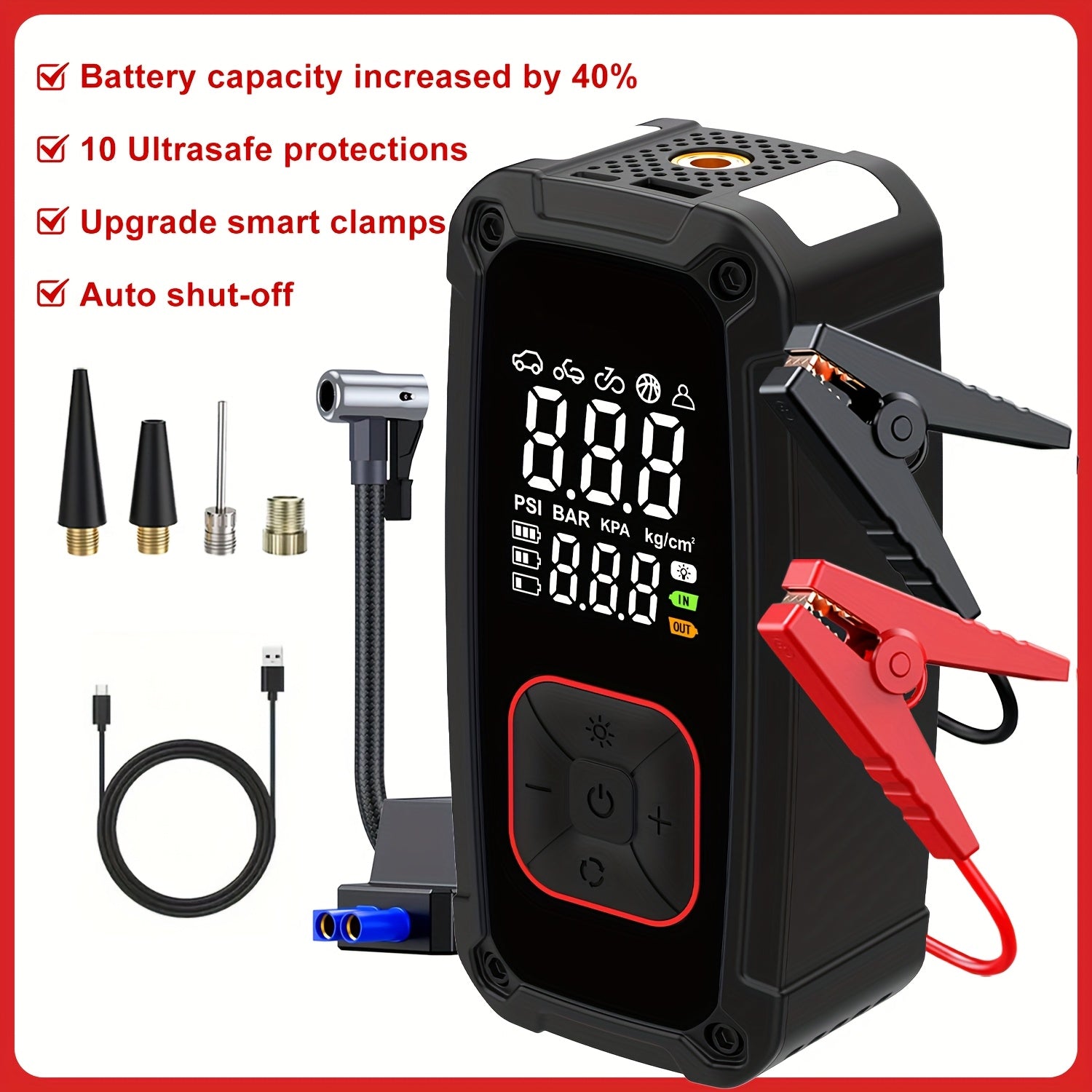 TEMU 5000a Jump Starter With Air Compressor, Function Jump Box 150psi Battery Pack Tire Inflator, Car Battery Charger Portable 2.64 Gallon Gas .38