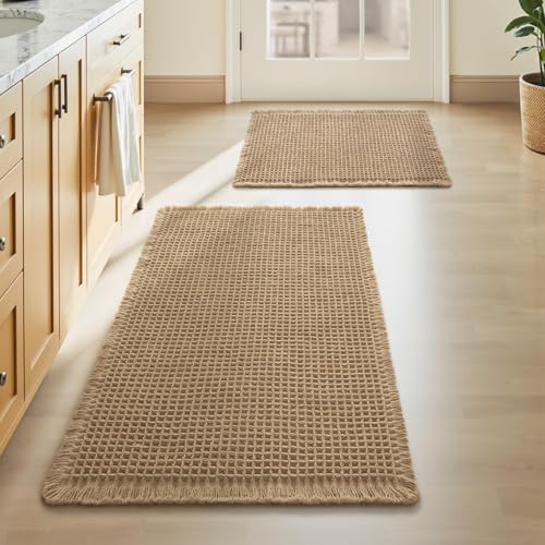Upgraded Waffle Bath Mat Set of 2, Super Absorbent Non Slip Bath Mats for Bathroom Floor, Machine Washable Boho Bathroom Rugs Set 2 Piece with Tassels