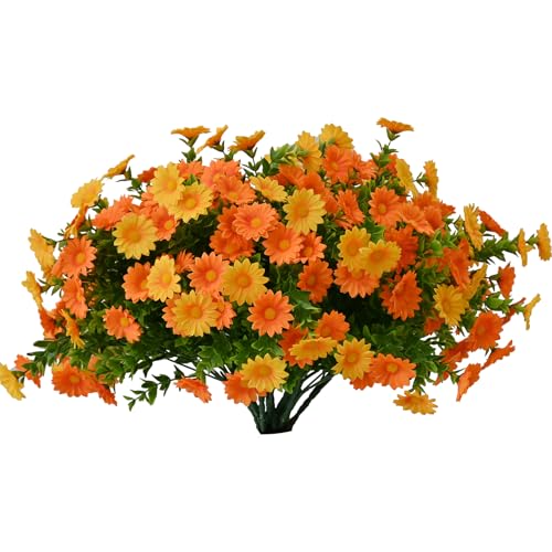 Artificial Fake Flowers Plants for Outdoor Decoration, Faux Flower Yellow Orange Daisy with Eucalyptus Leaves for Planter Front Door Porch Patio Balco