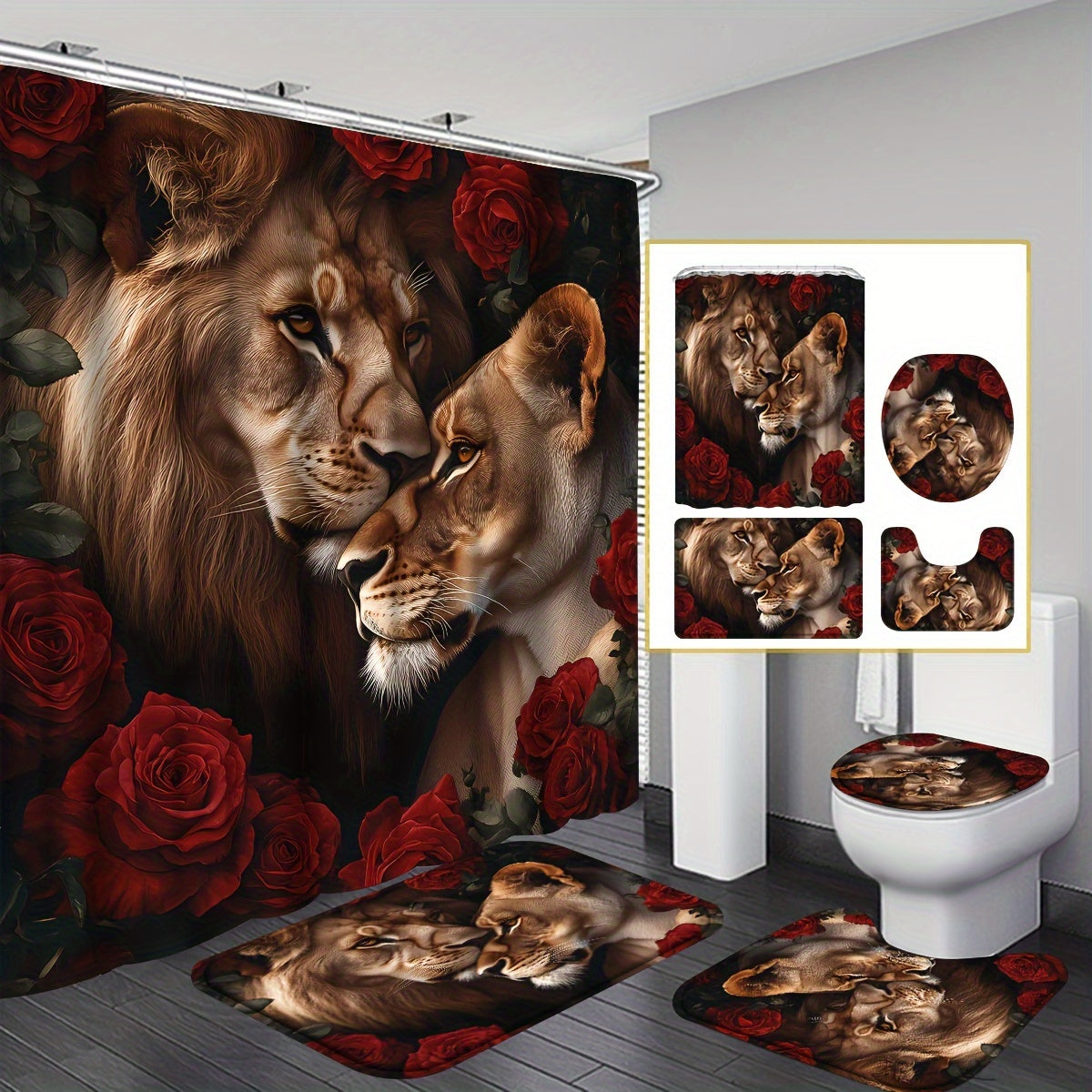 TEMU 4pcs Valentine's Day Vibrant With Red Curtain Sets, Decorative Bathroom Set Including Shower Curtain, Non-slip Rug, Toilet Lid Mat, Bathroom Mat