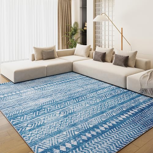 Blue Boho 9x12 Large Area Rugs for Nursery Playroom Soft Rugs for Living Room Bedroom Dining Room Washable Non Slip Cozy Neutral Rug for Kids Baby Boy
