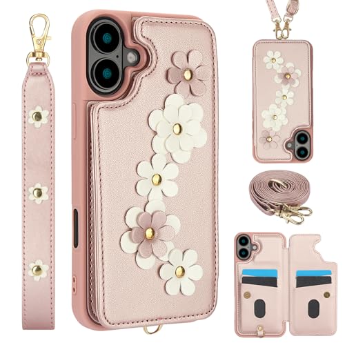 for iPhone 16 Wallet Case with 4 Credit Card Holder Slots, Flower Pattern PU Leather Magnetic Clasp Kickstand with Long and Short Strap.-Rose Gold Ros