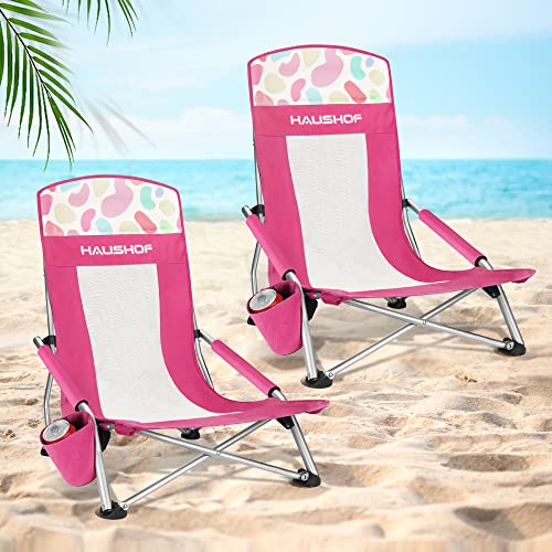 HAUSHOF 2-Pack High Back Beach Chairs, Mesh Back Folding Chair, Lightweight Low Seat Camping Chairs with Cup Holder, Carry Bag, Padded Armrest for Out