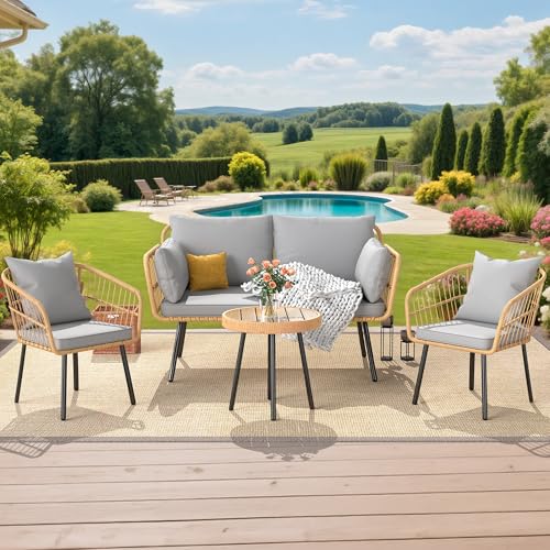 YITAHOME 4 Pieces Patio Furniture Set, Outdoor Wicker Patio Conversation Set, All-Weather Rattan Bistro Set with Loveseat Chairs Table Soft Cushions f