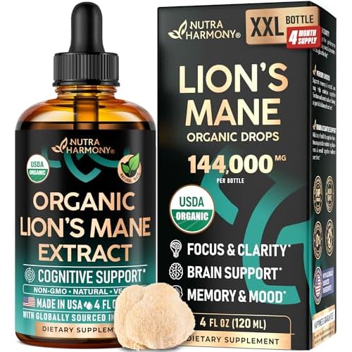 Lions Mane Liquid - USDA Certified Organic Lions Mane Supplement - Brain Support, Energy, Memory & Focus - Sugar & Alcohol-Free Lion's Mane Mushroom E