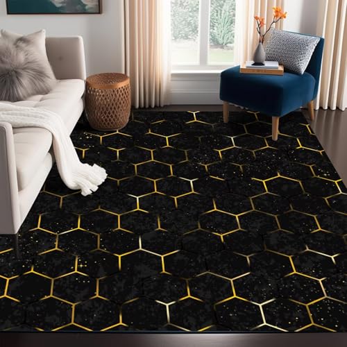 5' x 7' Geometric Rug Black and Gold Area Rugs for Bedroom Dorm Living Room Moroccan Honeycomb Modern Aesthetic Throw Rug Floor Mat Pad Doormat Carpet