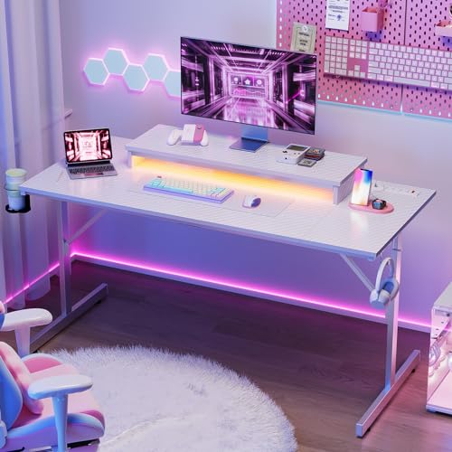 Bestier 52 inch Gaming Desk with Power Outlets and USB Charging Ports, Computer Desk with LED Lights and Monitor Stand, Gamer Desk for Home Office, Ea