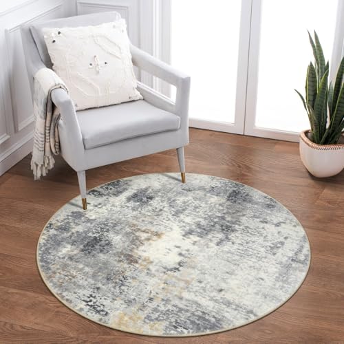 Lahome Modern Abstract Round Rug - 3Ft Small Washable Kitchen Round Area Rug Bedroom 3x3 Circle Mat, Soft Low Pile Non Slip Indoor Throw Carpet for Ca