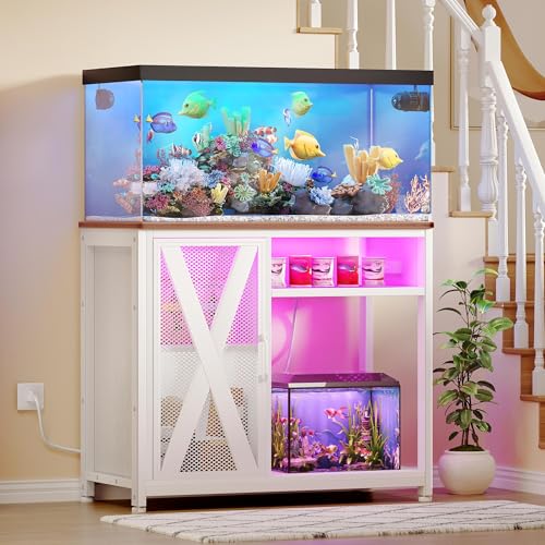 YITAHOME Fish Tank Stand with Power Outlets & LED Light, 40-50 Gallon Metal Aquarium Stand with Cabinet for Fish Tank Accessories Storage for Turtle T
