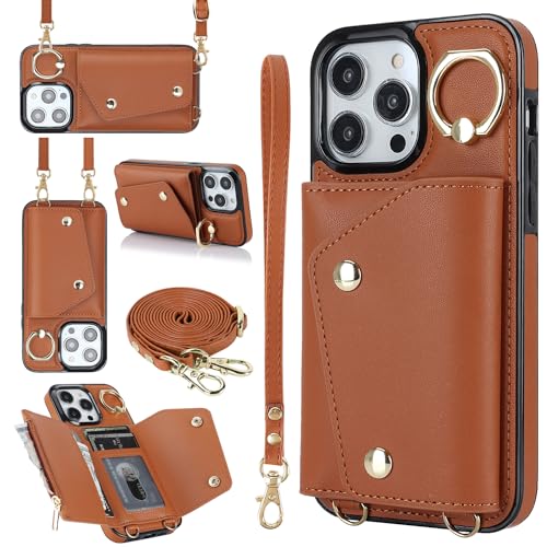 for iPhone 15 Pro Max Luxury Zipper Wallet Case with Ring, Multi Card Holder Adjustable Crossbody Strap, Fashion Wallet Bag.(Brown) Brown iPhone 15 Pr