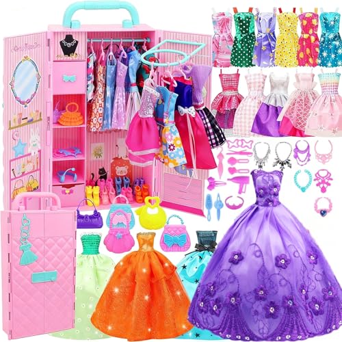 ZITA ELEMENT 108Pcs 11.5 Inch Girl Doll Closet with Clothes and Accessories, Party Dress Gowns, Fashion Dresses, Shoes, Swimsuits, Necklaces, Doll War