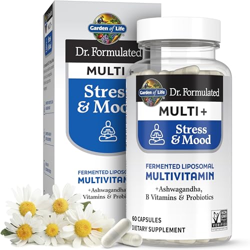Garden of Life Dr. Formulated Multi+ Stress & Mood, Fermented Liposomal Multivitamin + Ashwagandha, B Vitamins & Probiotics - 60 Capsules, Whole Food