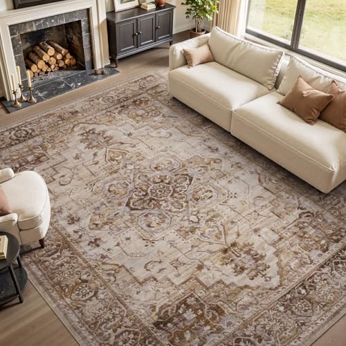 PADOOR-Area Rug 5X7 Rugs for Living Room-Vintage Soft Brown Rugs for Bedroom-Machine Washable Non Slip Rug for Dining Room Living Room Bedroom Office