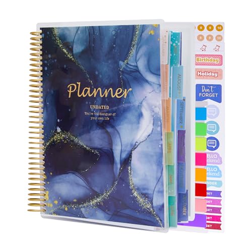 Large Undated Planner, 8.9”x7.1”, PET Cover Daily Weekly Monthly Yearly Agenda Organizer Sprial Notebook Journal for 2024, 2025, Page Tabs, Separa