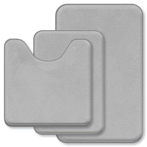 Bathroom Rugs Sets 3 Piece, Soft Absorbent Memory Foam Bath Mats Set, Dry Fast Bath Mat, Machine Washable Bath Rug Set for Bathroom （Ash Gray） Ash