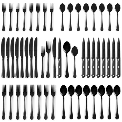 Astercook Silverware Set 48-Piece Black Flatware Set with Steak Knives Food-Grade Stainless Steel Cutlery Set for 8 Mirror Polished Utensils Set Inclu