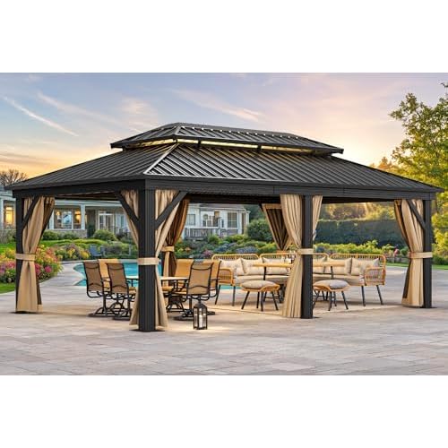 YITAHOME 12x20ft Gazebo Double Roof Hardtop Canopy Outdoor Heavy Duty w-Nettings and Curtains, Upgraded Aluminum Column Galvanized Steel Vertical Stri