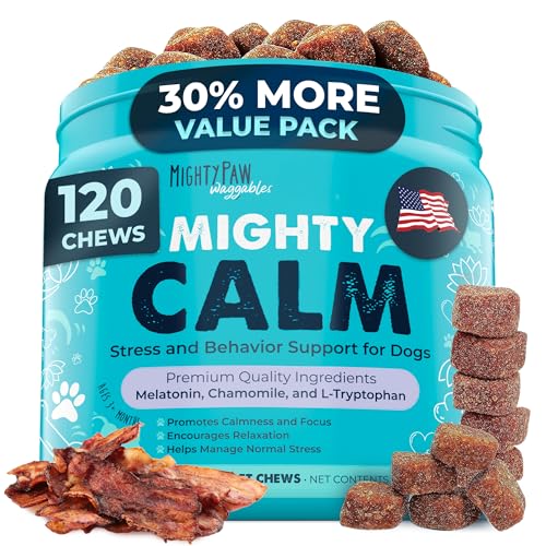 Mighty Paw Calming Chews for Dogs with Melatonin - Vet Formulated Dog Sleep Aid - Puppy & Large Pet Treats - Waggables Calm -Composure Calming Chews f