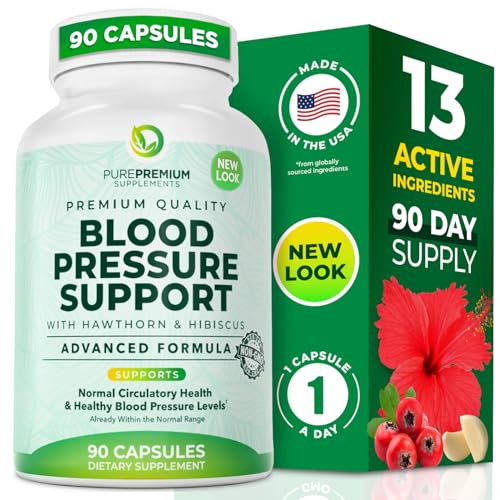 PurePremium Blood Pressure Supplements with Hawthorn Berry, Hibiscus, Garlic & Vitamin B12- Nitric Oxide Supplement for Normal Heart Health, Circulati