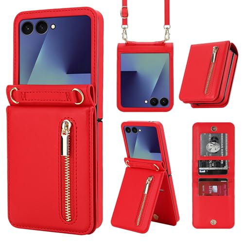 for Samsung Galaxy Z Flip 7 Luxury Zipper Wallet Phone Case, Multi-Function Kickstand Card Holder Adjustable Crossbody Strap, Fashion Flip Case.(Red)